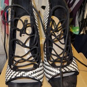 Black/white lace up high heel booties